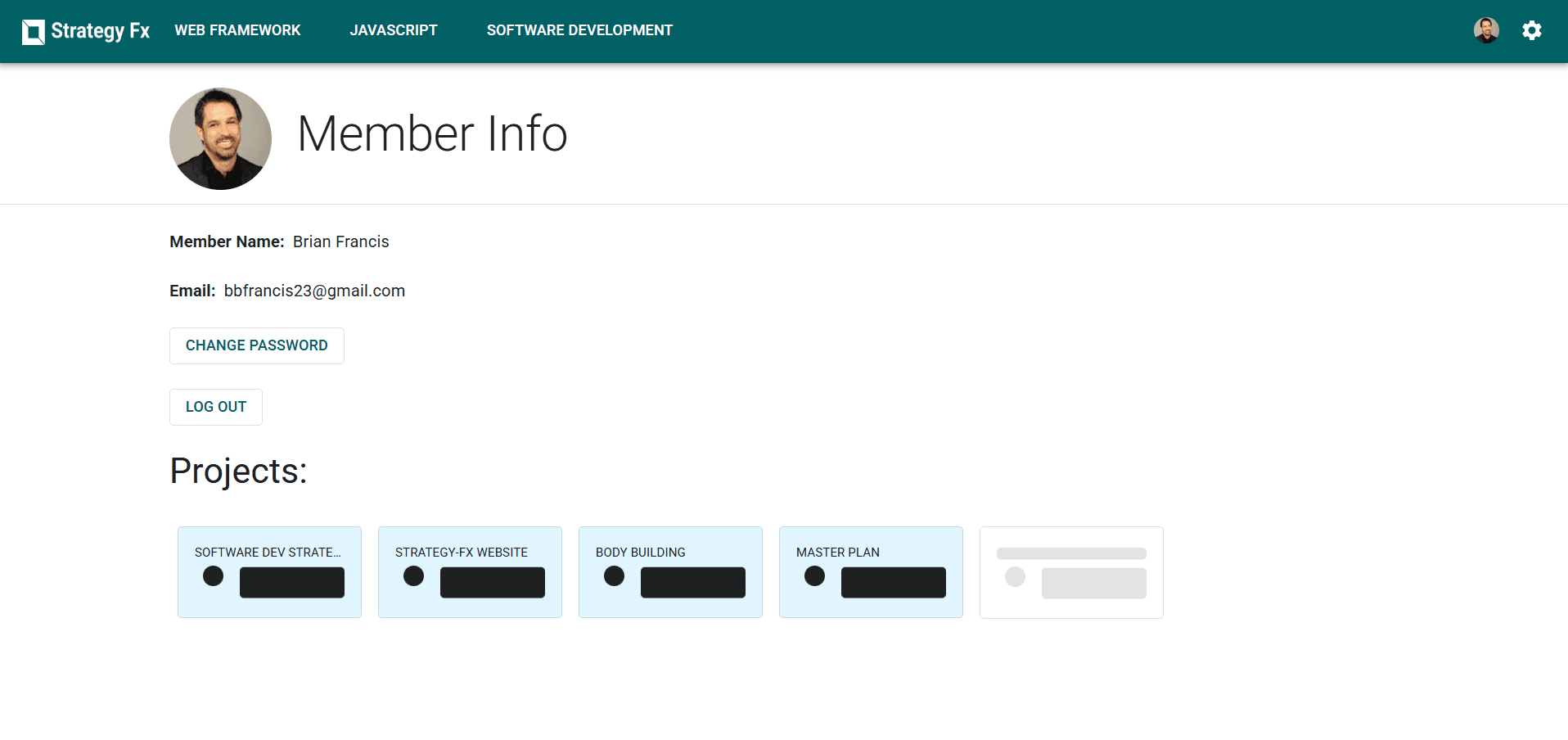 A member dashboard listing their projects