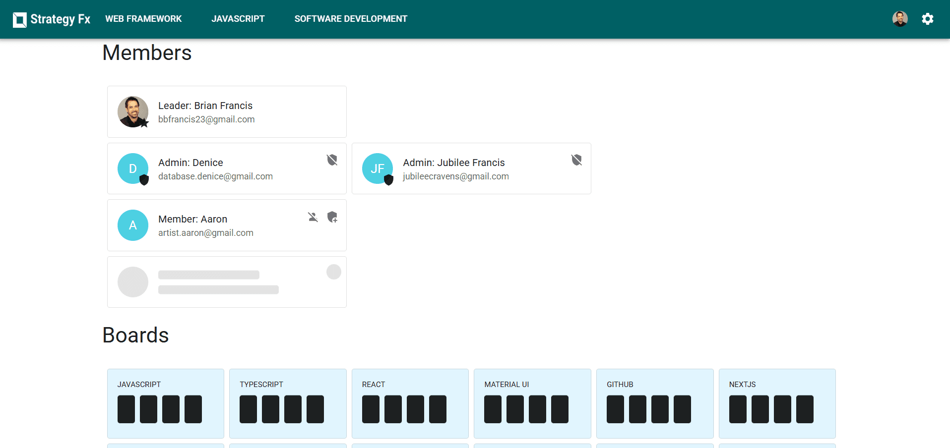 A project page listing its members and boards