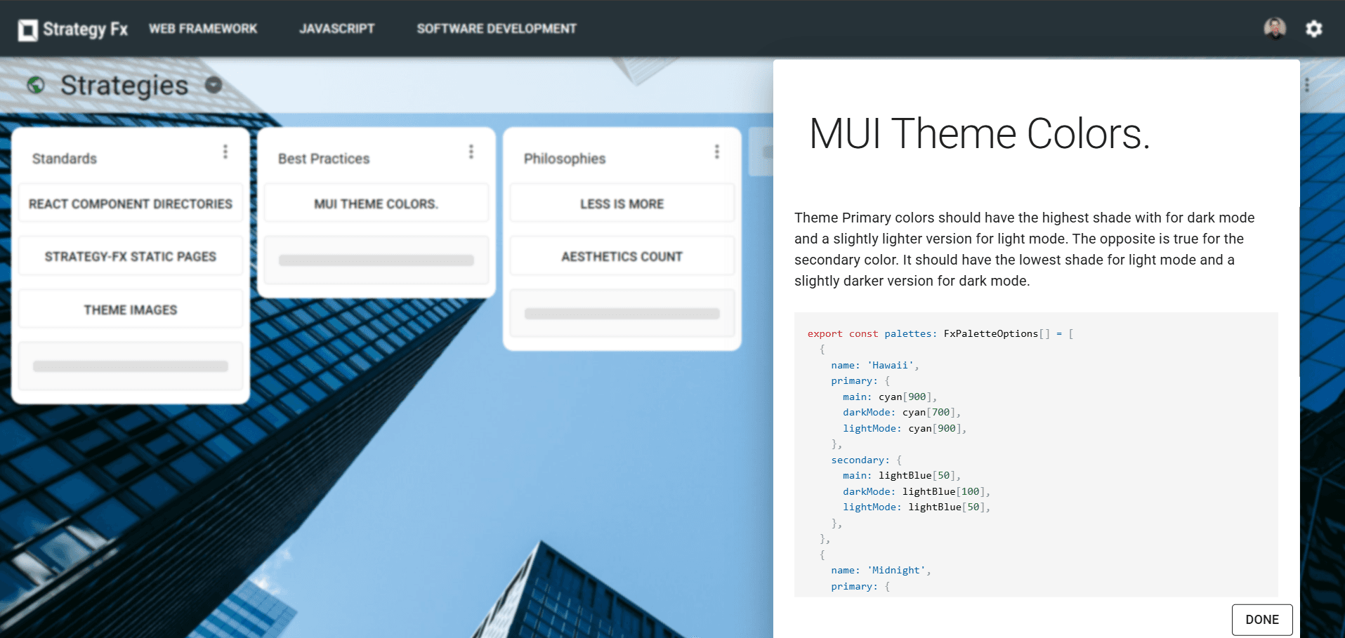 A Strategies board with a MUI Theme Colors card dialog open, showing theme palette code
