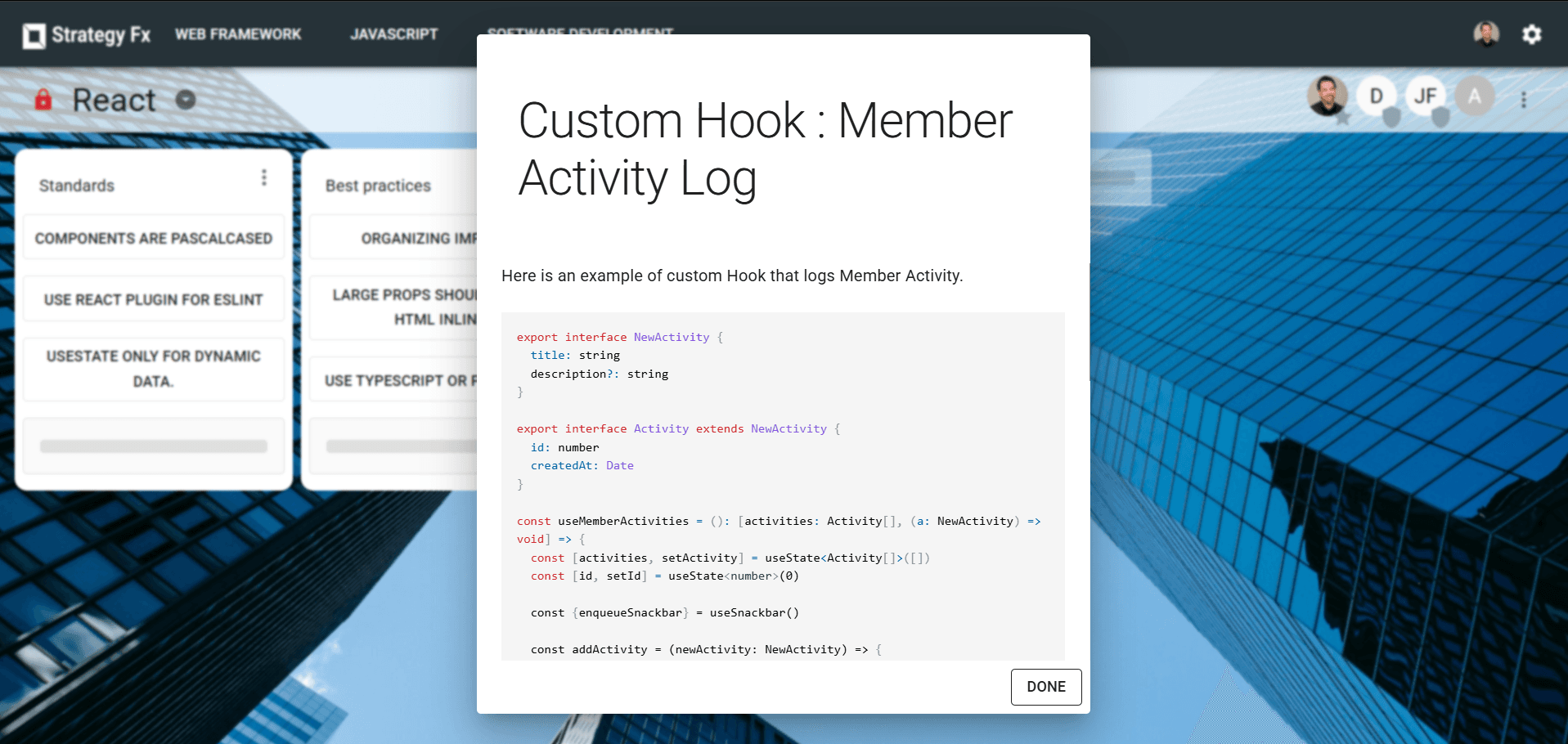 A React board with a Custom Hook card dialog open, showing example hook code