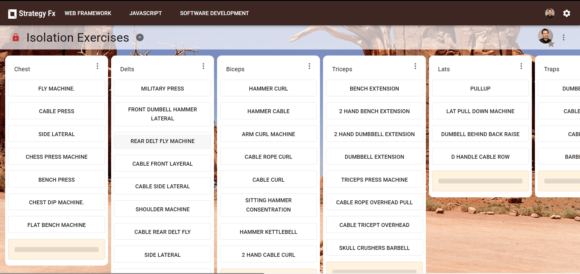 A workout board tracking isolation exercises by muscle group